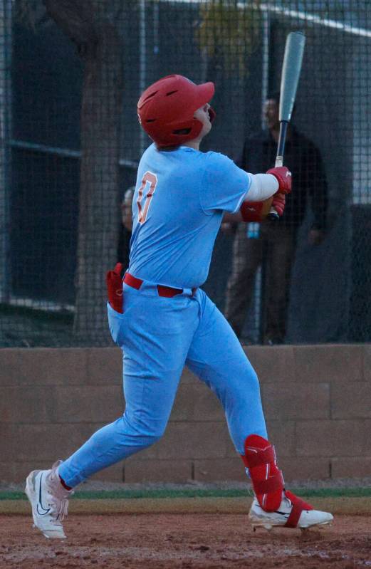 Liberty’s Casey Kapushy watches the ball after hitting a two-run homerun during the seve ...