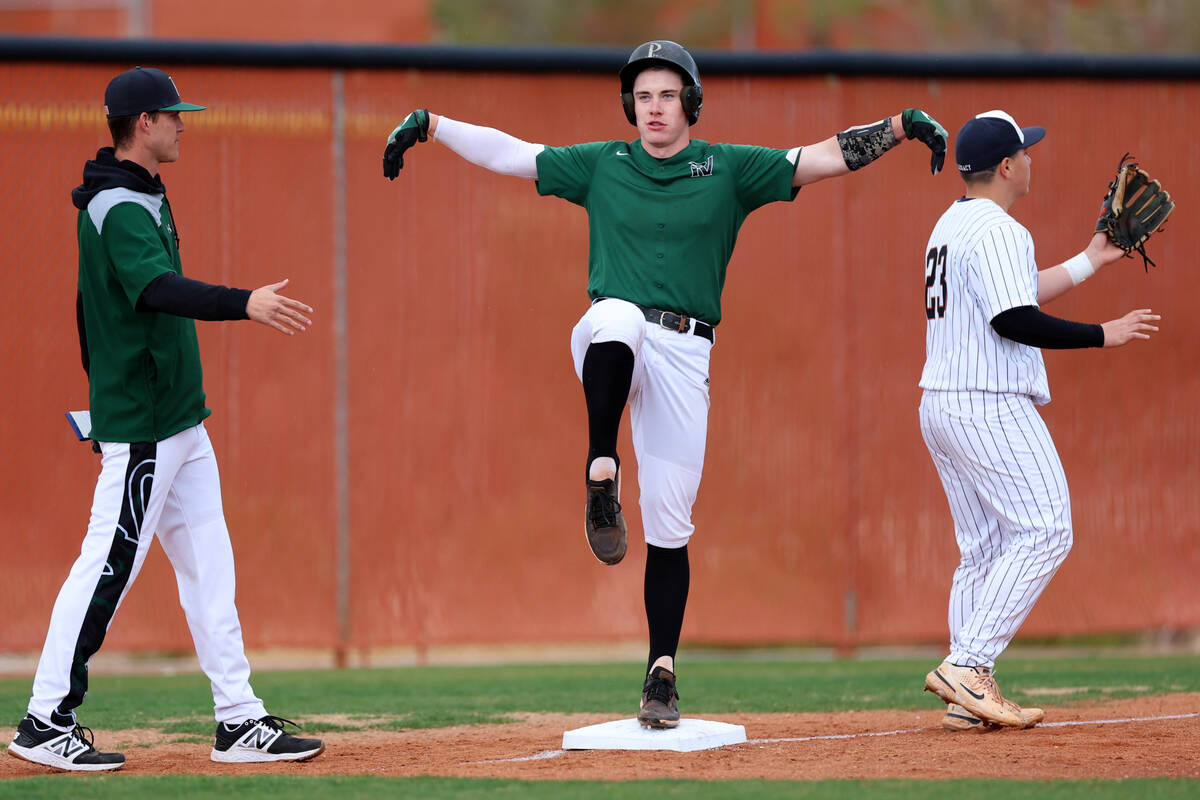 Palo Verde's Andrew Kaplan (19) reacts after hitting a triple against Legacy during a baseball ...