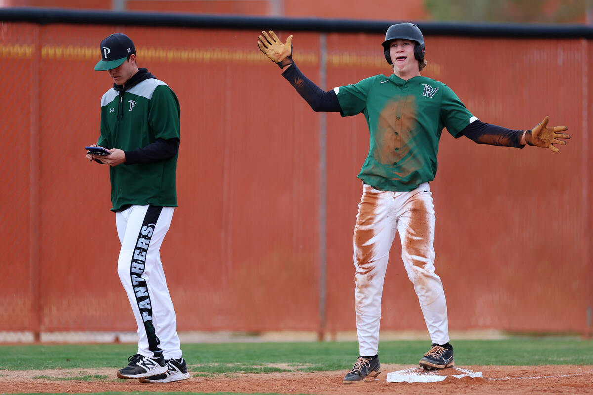 Palo Verde's Blake Pearson (17) reacts after safely running to third base against Legacy during ...