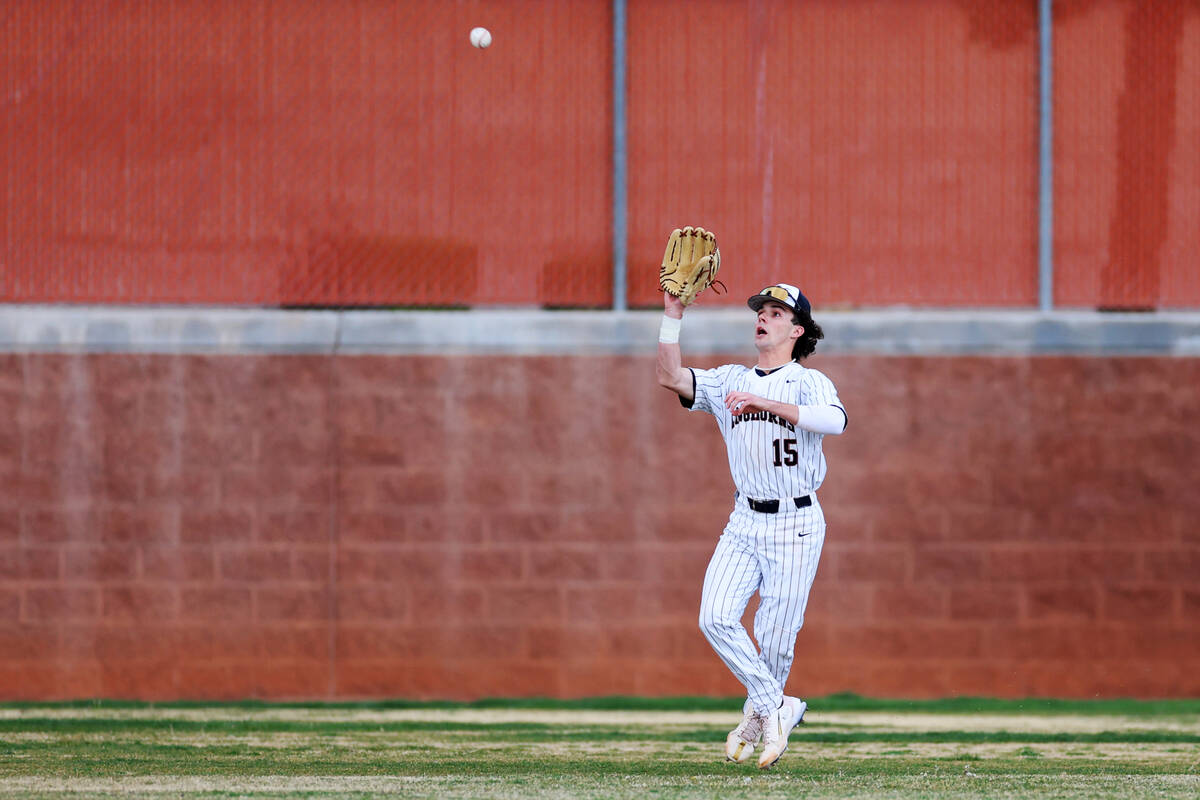 Legacy's Colton Stanton (15) makes a catch in the outfield for an out during a baseball game ag ...