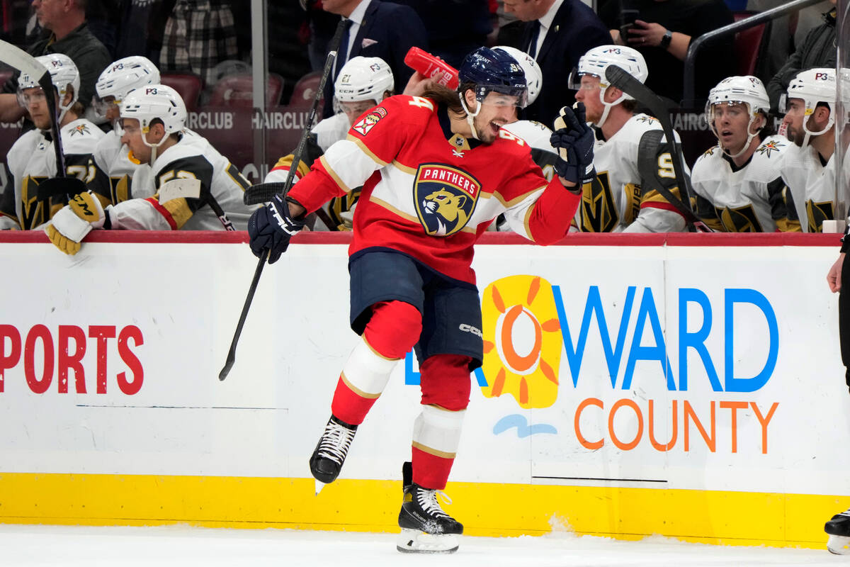 Florida Panthers left wing Ryan Lomberg celebrates after scoring during the first period of an ...