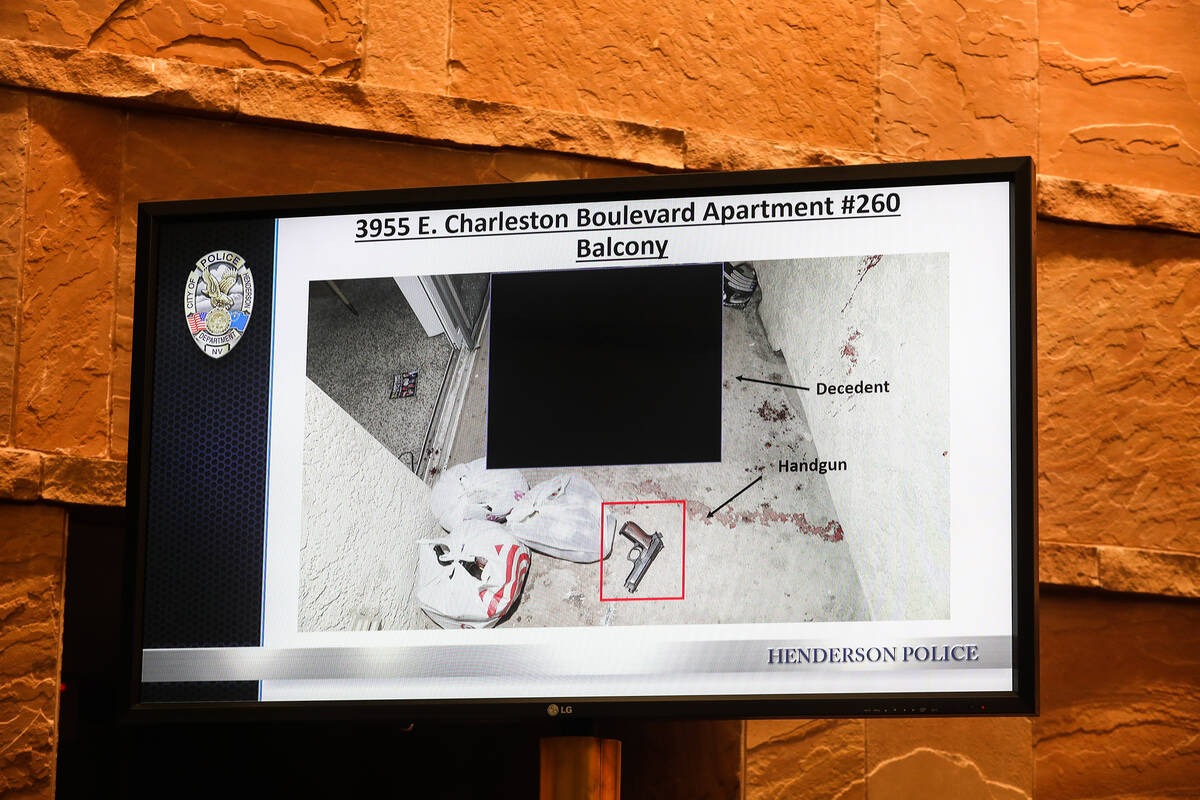 A crime scene photo of the balcony where Jose Oyuela-Palma was shot during a fact finding revie ...