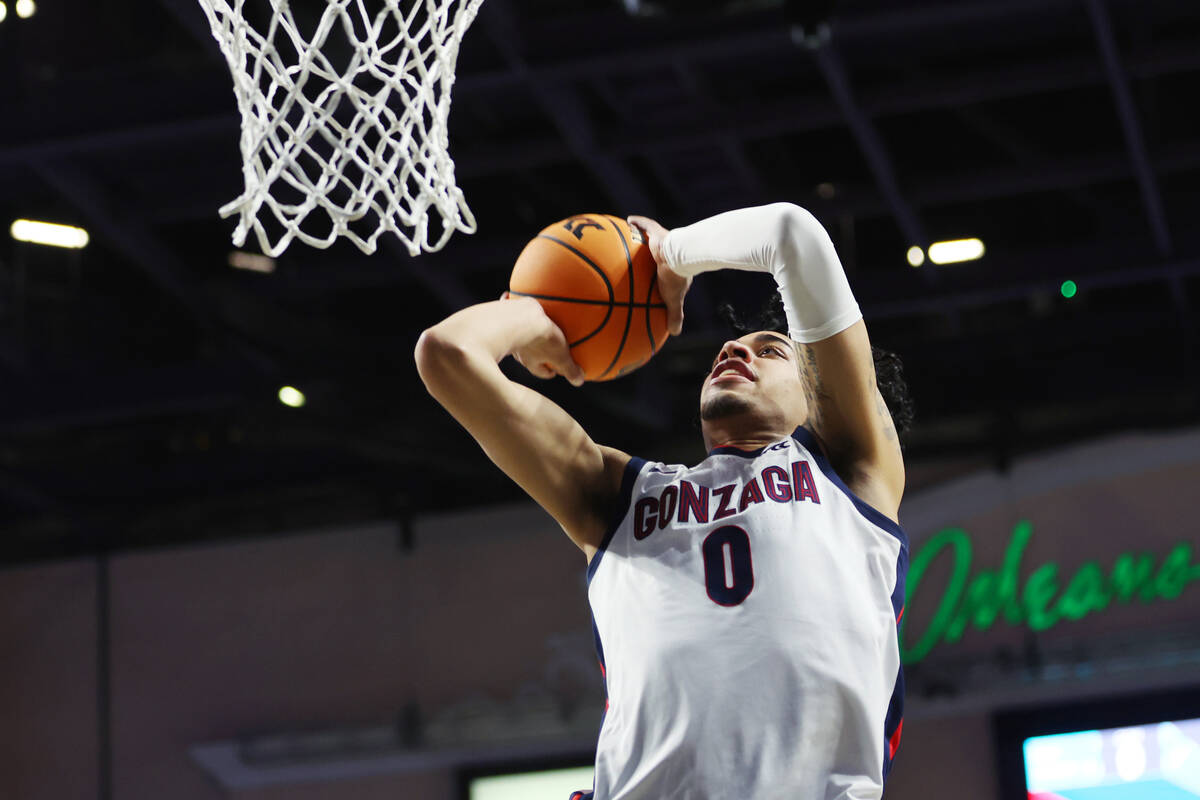 Gonzaga Bulldogs guard Julian Strawther (0) warms up before the start of a West Coast Conferenc ...