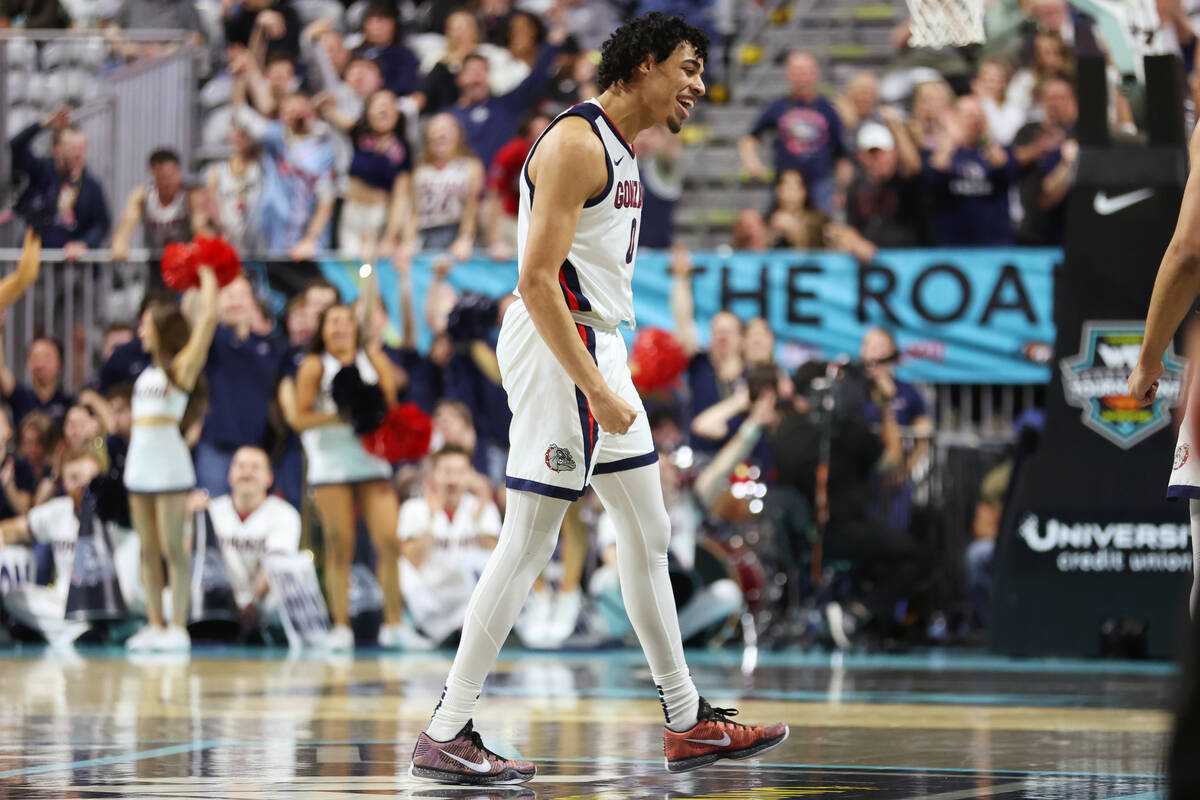 Gonzaga Bulldogs guard Julian Strawther (0) reacts after a play against the San Francisco Dons ...