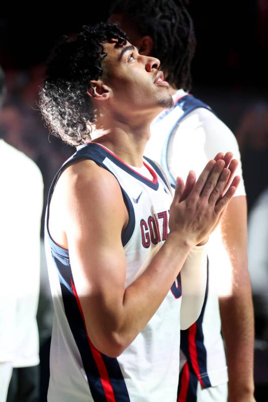 Gonzaga Bulldogs guard Julian Strawther (0) is introduced before the start of a West Coast Conf ...
