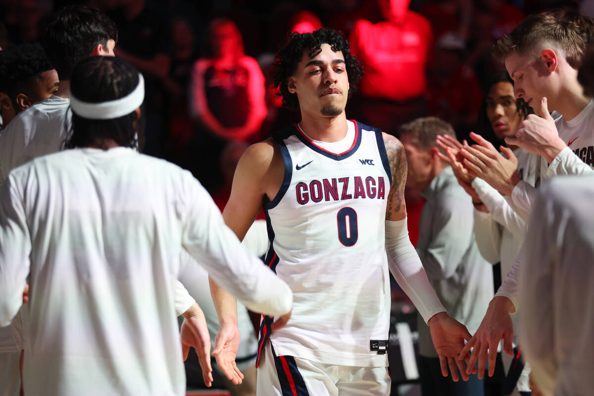 Gonzaga Bulldogs guard Julian Strawther (0) is introduced before the start of a West Coast Conf ...