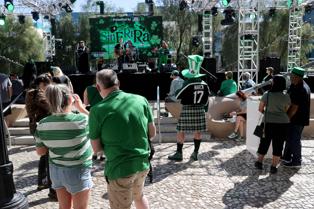 Guests celebrate St. Patrick’s Day with Sin E Ri Ra during Celtic Feis at New York-New York o ...