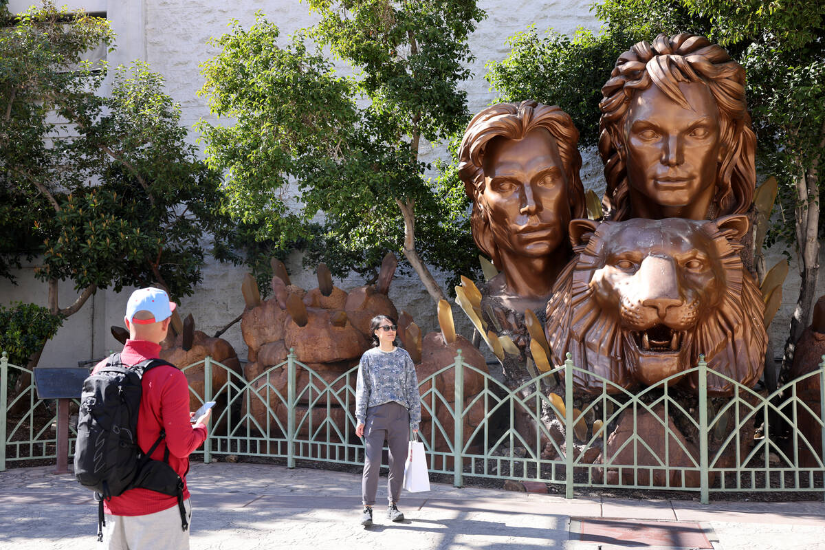 Siegfried and Roy statue outside The Mirage on the Strip in Las Vegas Tuesday, March 7, 2023. O ...