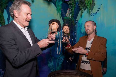 Bryan Cranston and Aaron Paul are shown with their shrunken head at The Golden Tiki on Friday, ...