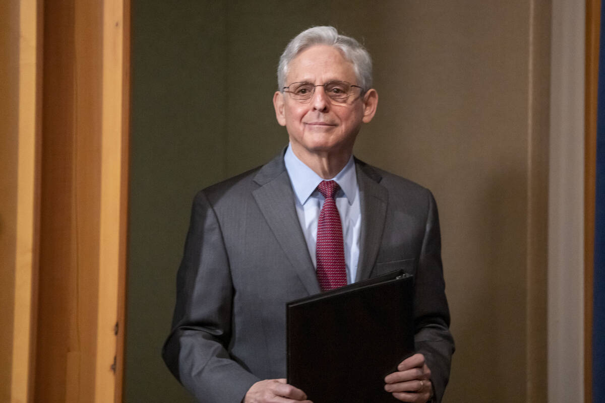 Attorney General Merrick Garland arrives to speak during a news conference Tuesday, March 7, 20 ...