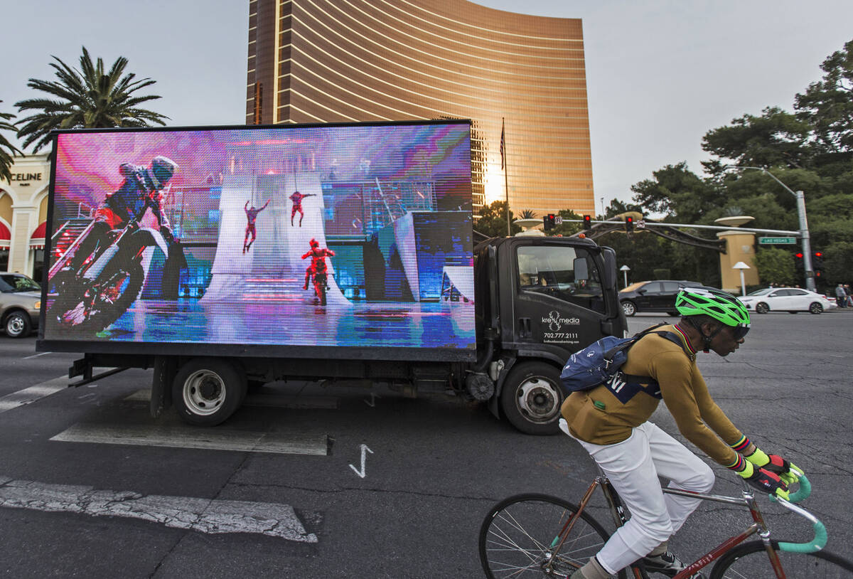 A mobile billboard truck drives on the Strip at on Saturday, Nov. 30, 2019, in Las Vegas. Clark ...