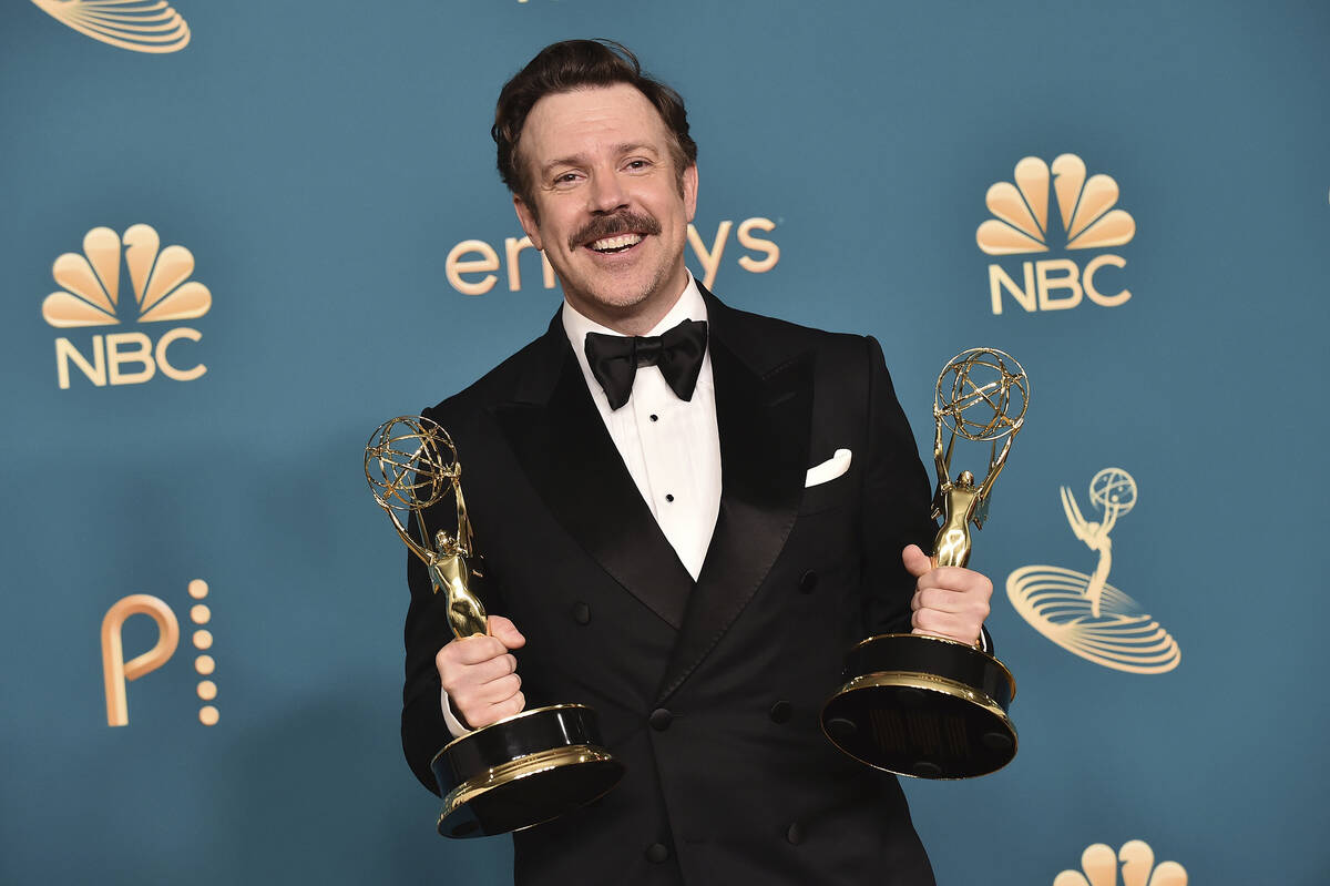 Jason Sudeikis poses with the Emmy for outstanding lead actor in a comedy series for "Ted ...