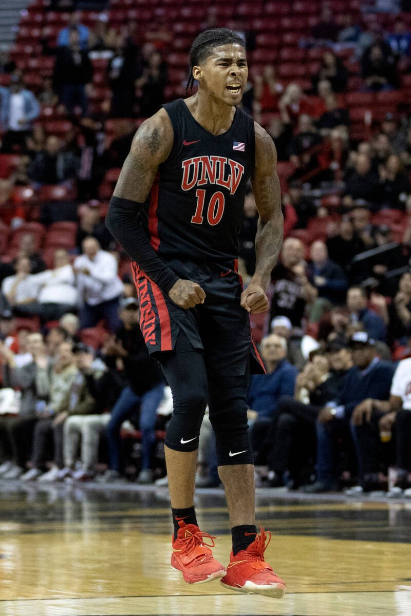 UNLV Rebels guard Keshon Gilbert (10) celebrates after his team scored during the second half o ...