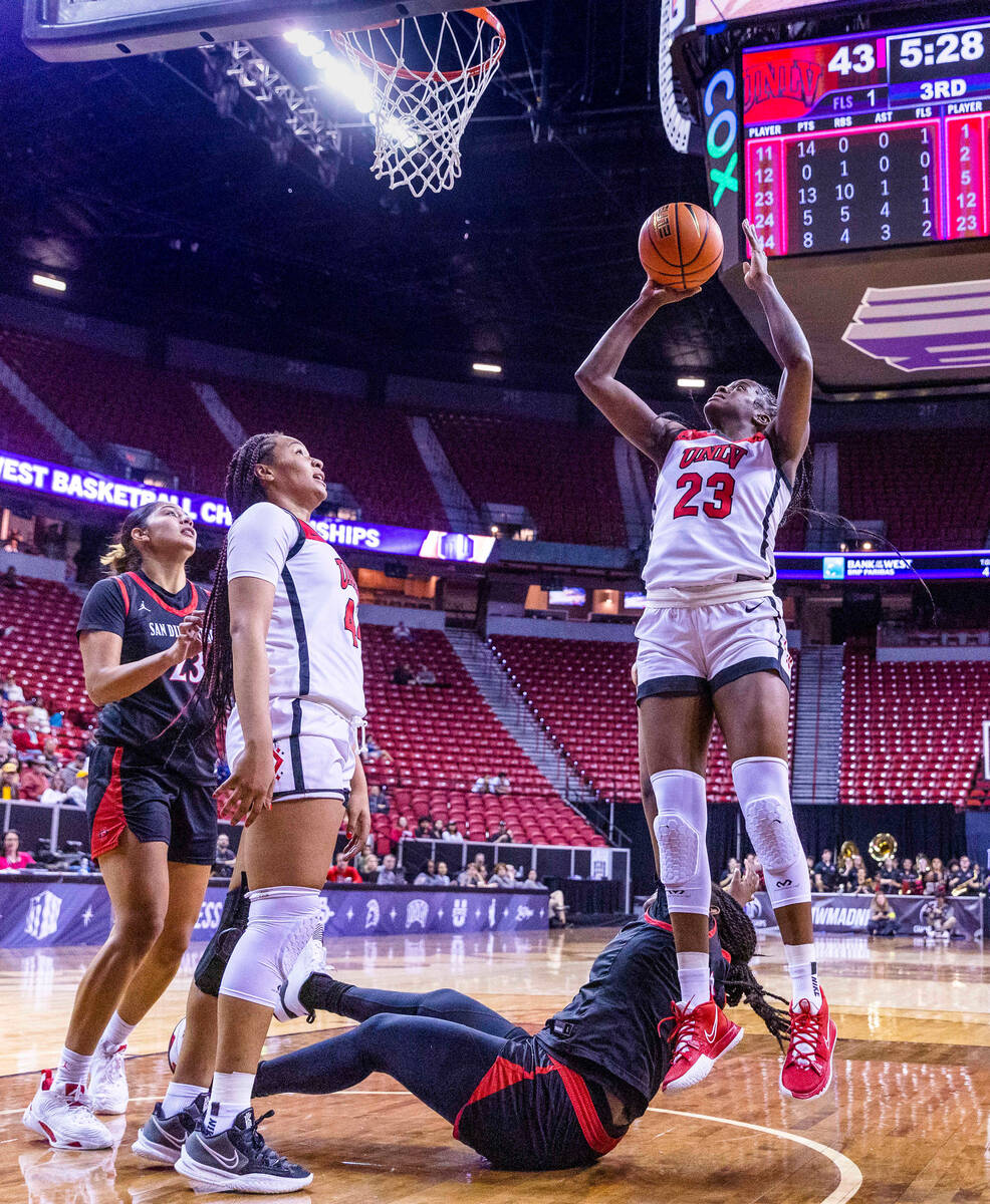 UNLV center Desi-Rae Young (23) puts a rebound in for points as San Diego State forward Yummy M ...