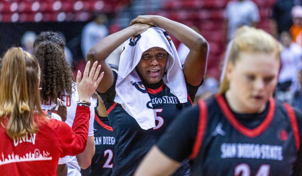 San Diego State forward Yummy Morris (5) cries after a tough loss to UNLV following the second ...