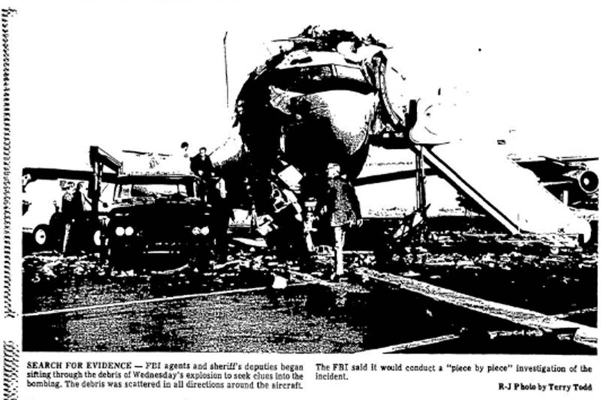 A photo of the bombed Trans World Airlines Boeing 707 on the tarmac at McCarran National Airpor ...