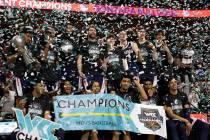 The Gonzaga Bulldogs are showered with confetti after winning a West Coast Conference men&#x201 ...