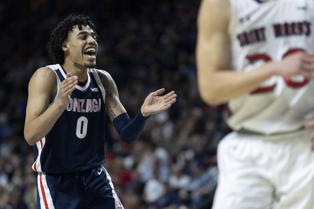 Gonzaga Bulldogs guard Julian Strawther (0) celebrates a point during a West Coast Conference m ...