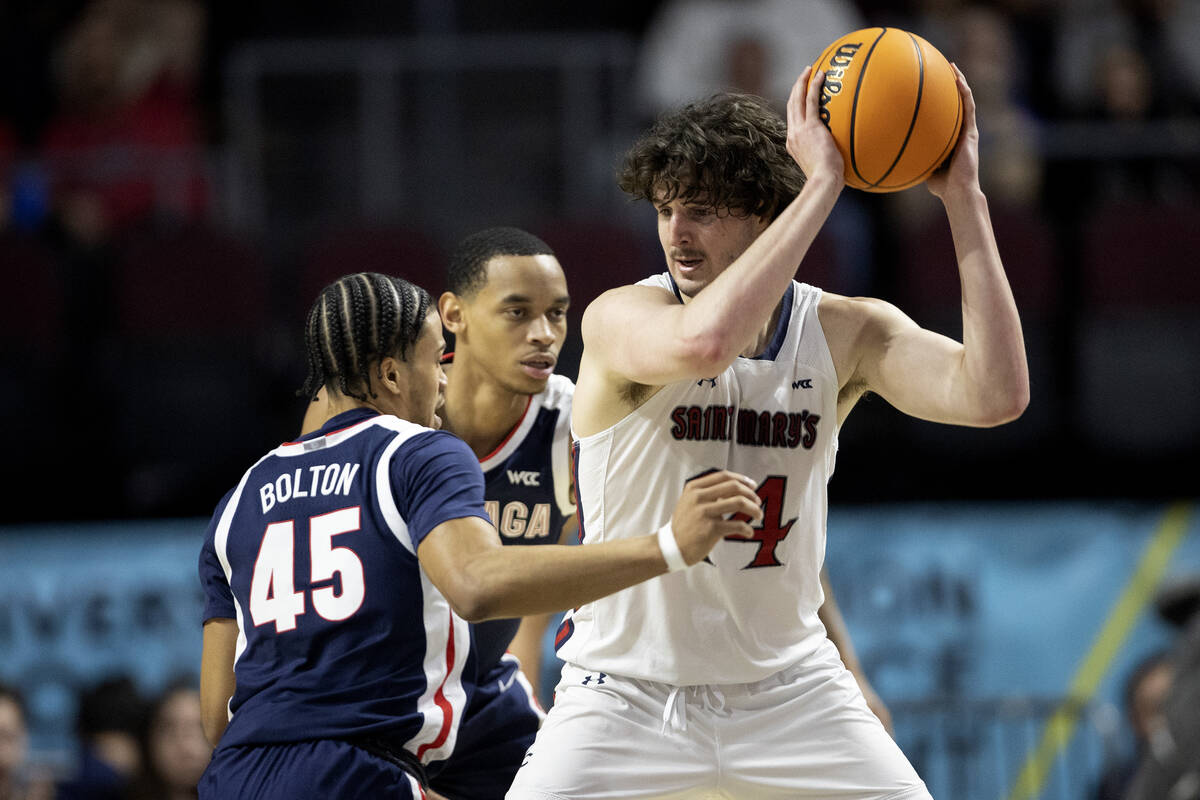 Mar 09 2020 Las Vegas, NV, U.S.A. Gonzaga Bulldogs forward Filip Petrusev  (3) brings the ball up court during the NCAA West Coast Conference Men's  Basketball Tournament Semifinals game between Gonzaga Bulldogs