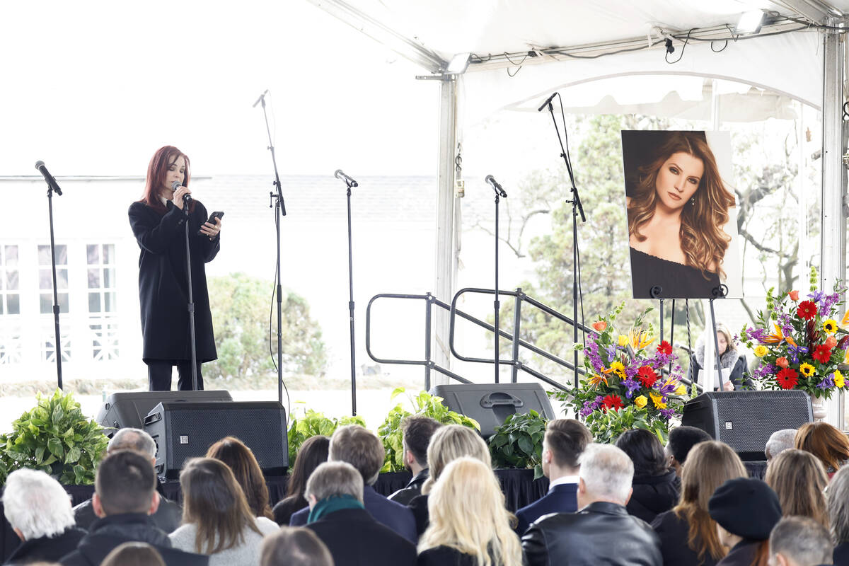 Priscilla Presley speaks at the public memorial for Lisa Marie Presley at Graceland on Jan. 22, ...