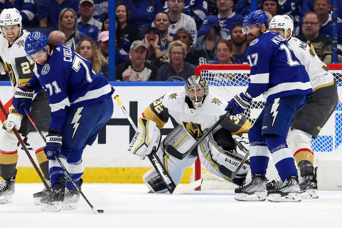 Vegas Golden Knights goaltender Jonathan Quick (32) looks on as Tampa Bay Lightning's Anthony C ...