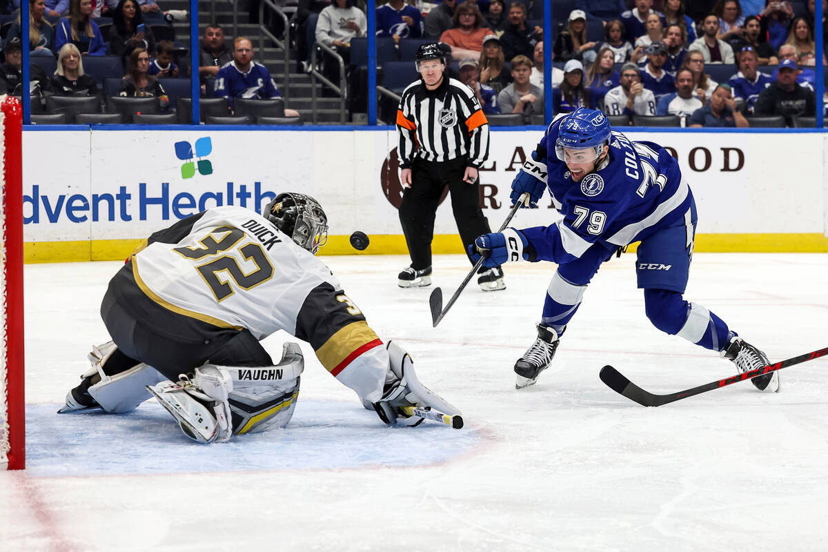 Vegas Golden Knights goaltender Jonathan Quick (32) makes a save against Tampa Bay Lightning's ...