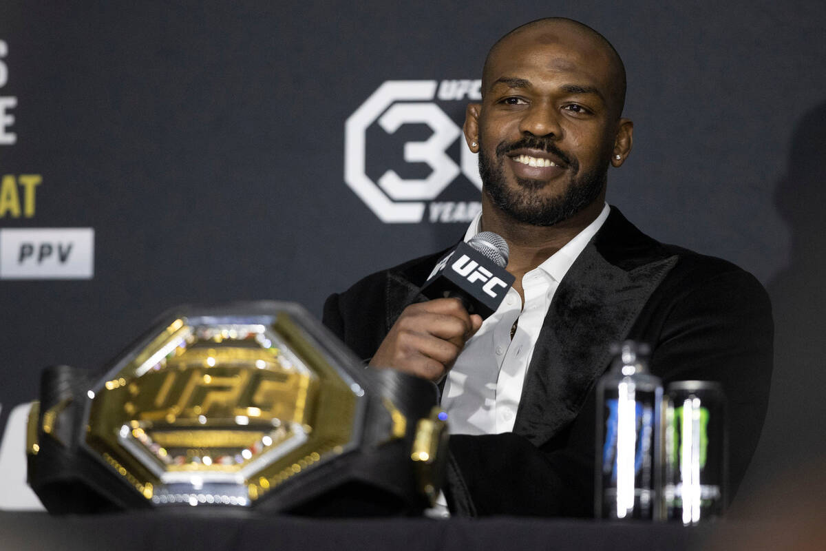 UFC heavyweight champion Jon Jones attends a news conference after the UFC 285 fight card at T- ...