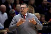 Southern Utah head coach Todd Simon reacts to a call during the first half of an NCAA college b ...