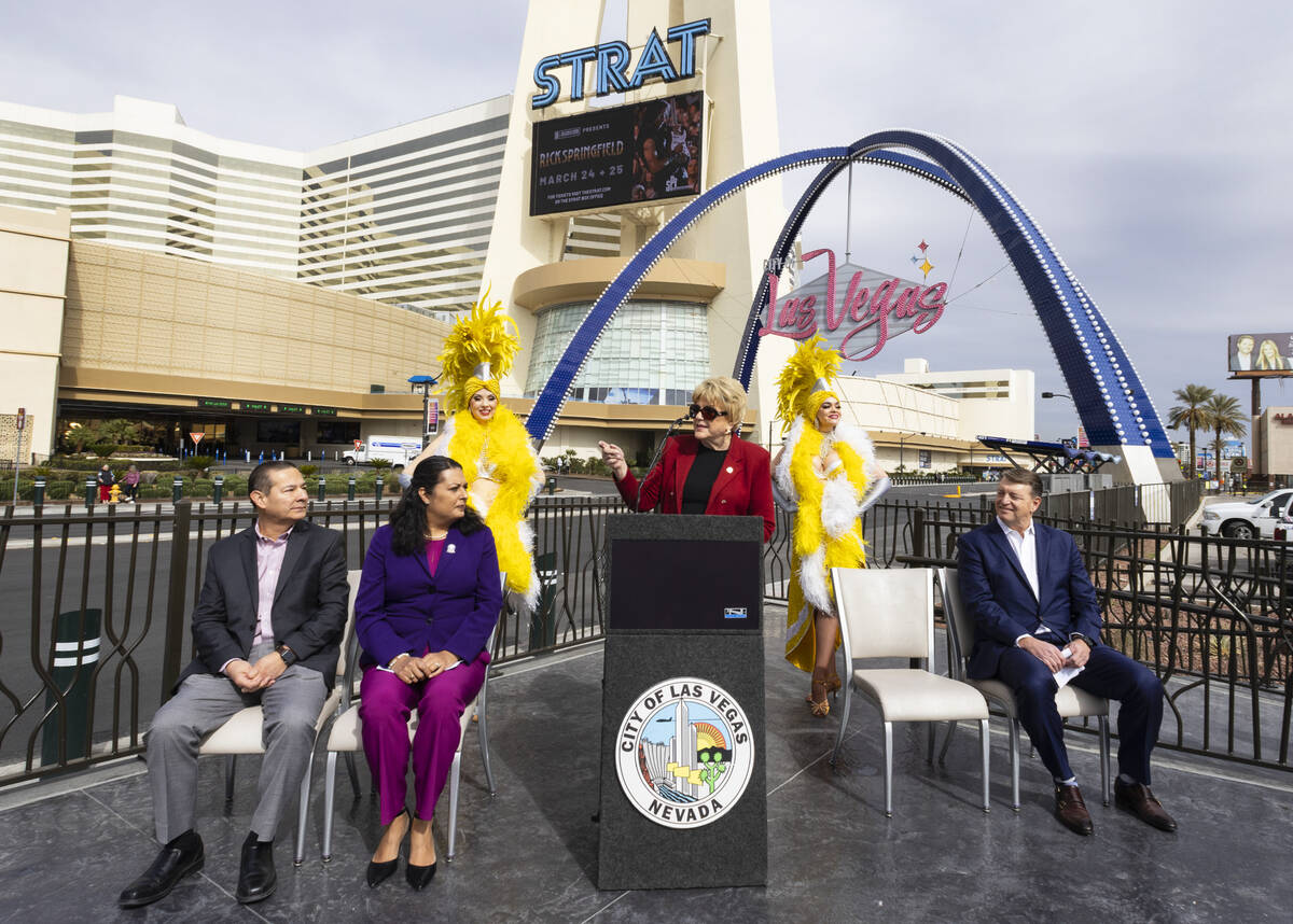 Mayor Carolyn Goodman speaks during the unveiling of a new observation deck, built to have a pl ...