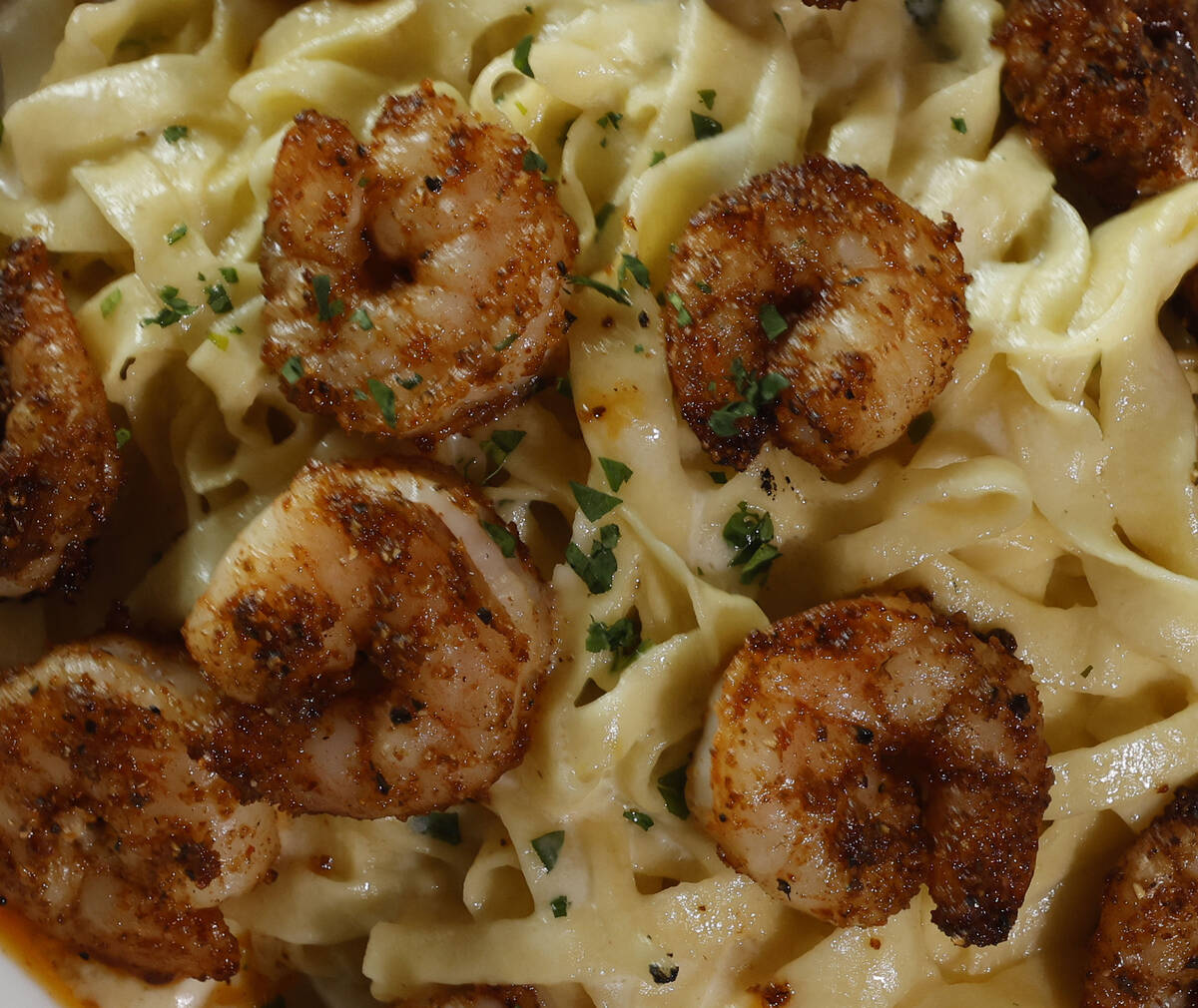 A dish of “Fettuccini Blackened Shrimp,” is seen at the Panevino restaurant, Wed ...