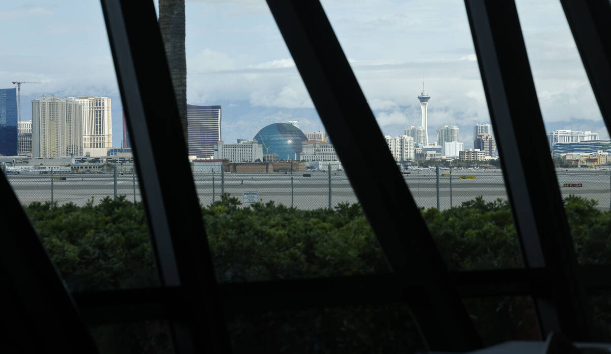 The Las Vegas Strip skyline is seen through the windows of the Panevino restaurant, Wednesday, ...