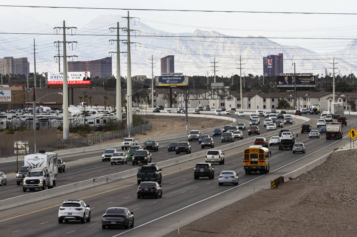 Motorists navigate on U.S. Highway 95, on Friday, March 10, 2023, as seen from Russell Road ove ...