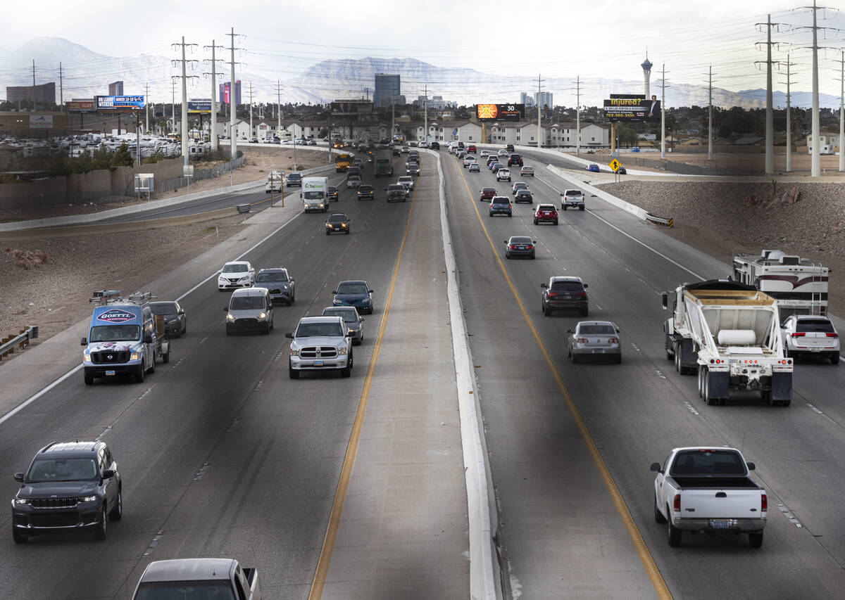 Motorists navigate on U.S. Highway 95, on Friday, March 10, 2023, as seen from Russell Road ove ...