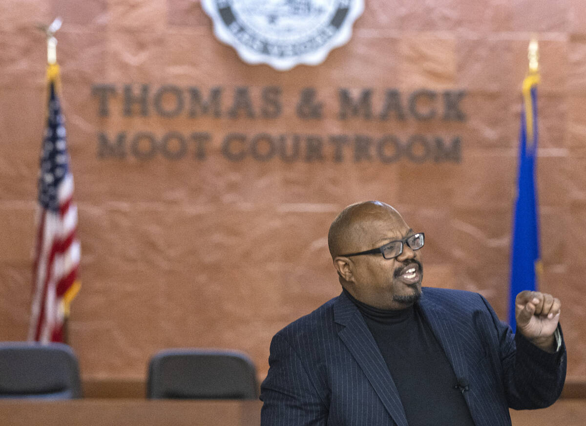 Judge Richard Boulware II speaks during a panel discussion at the Thomas and Mack Moot Courtroo ...