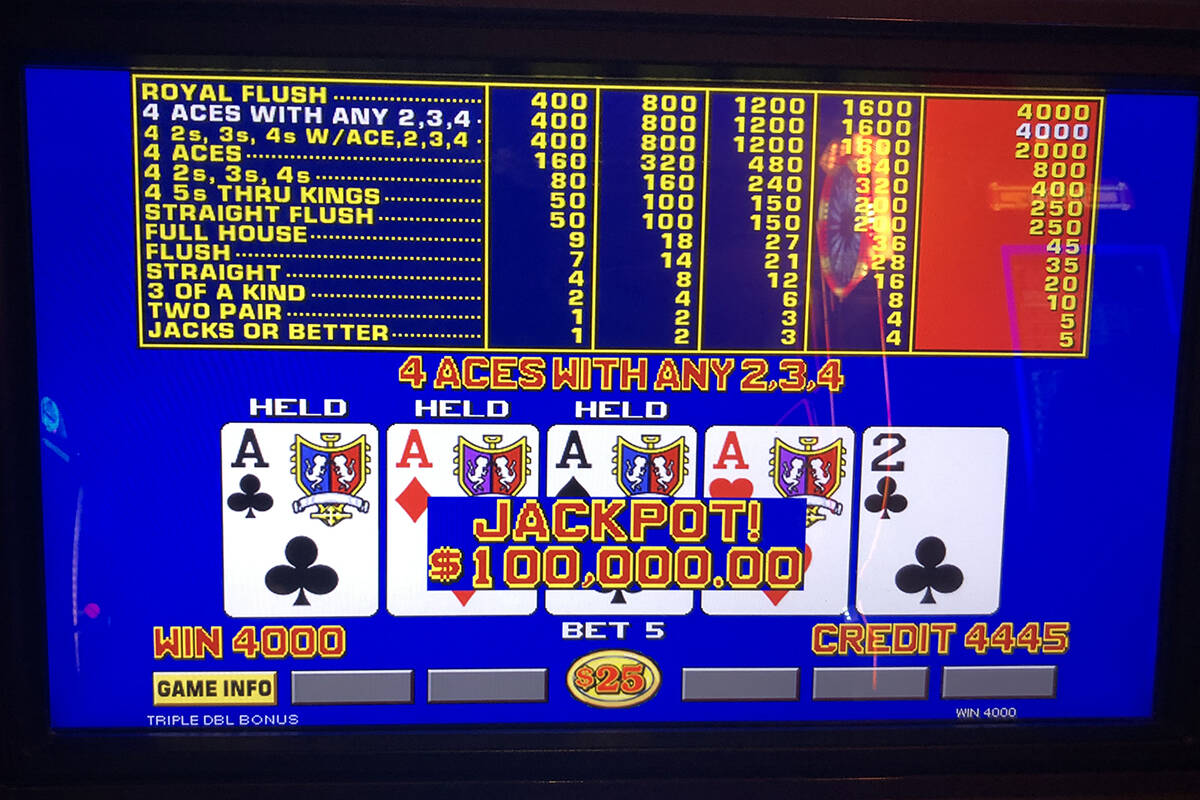A Las Vegas visitor hit four aces with a kicker on a video poker machine to collect $100,000 on ...
