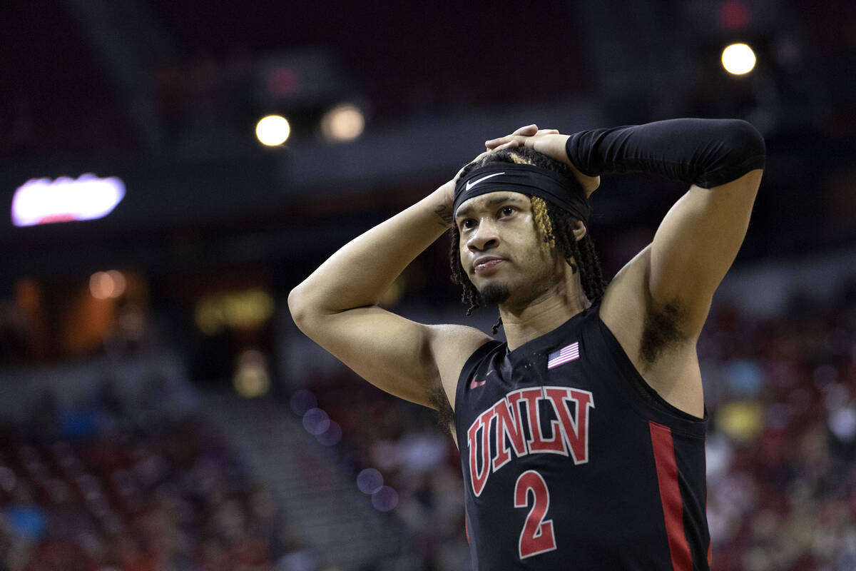 UNLV Rebels guard Justin Webster (2) reacts after the Boise State Broncos scored during the sec ...
