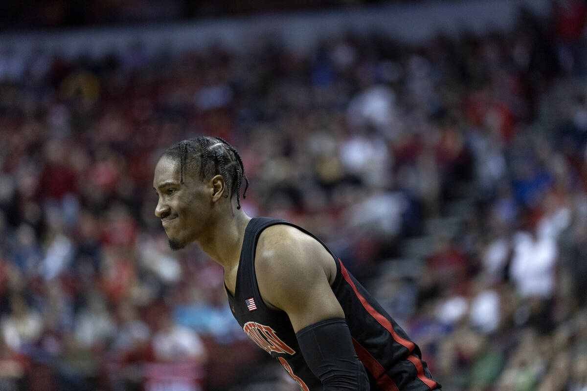 UNLV Rebels guard Shane Nowell (3) reacts after missing a shot during overtime in an NCAA colle ...