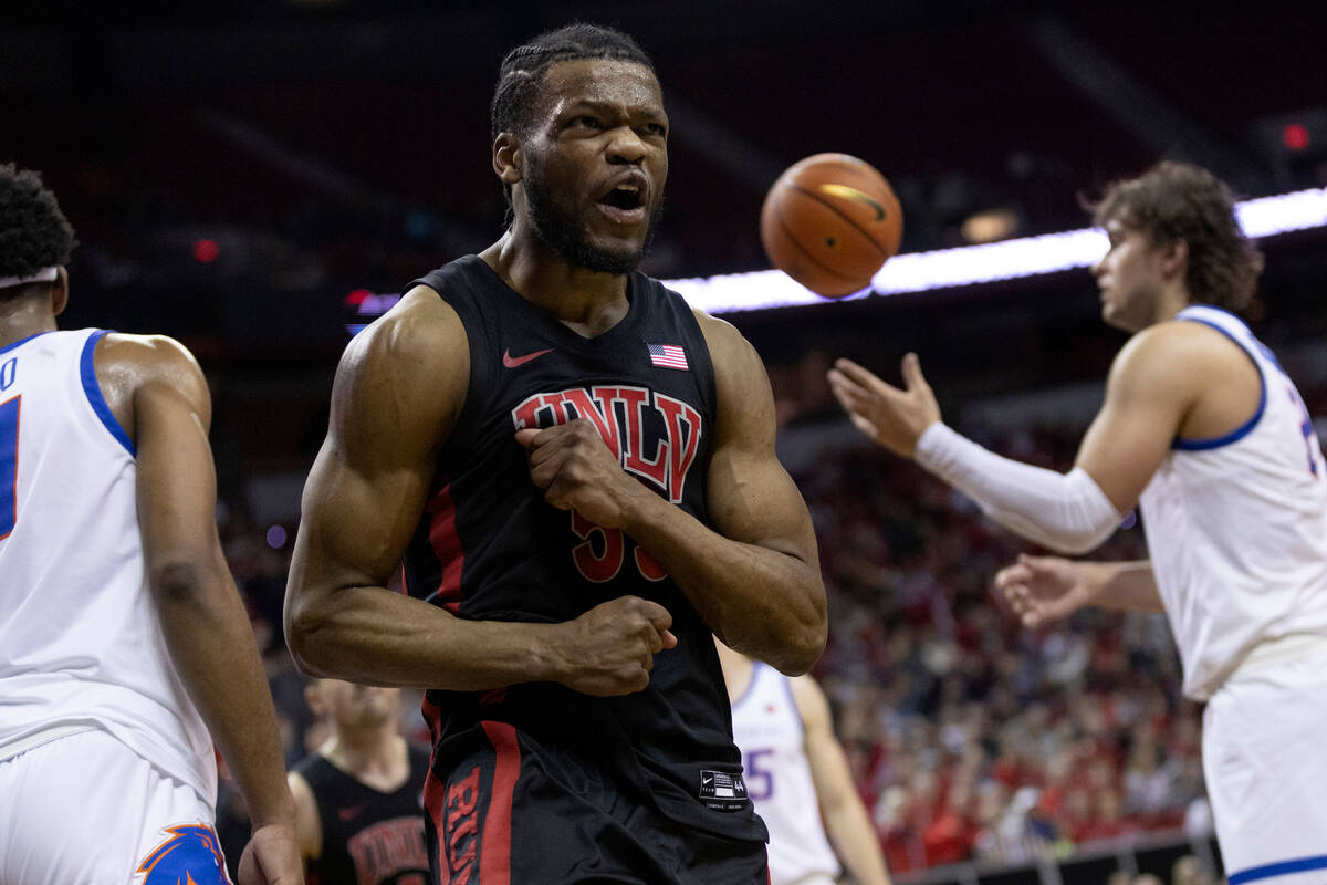 UNLV Rebels guard EJ Harkless (55) celebrates after referees called a foul on the Boise State B ...