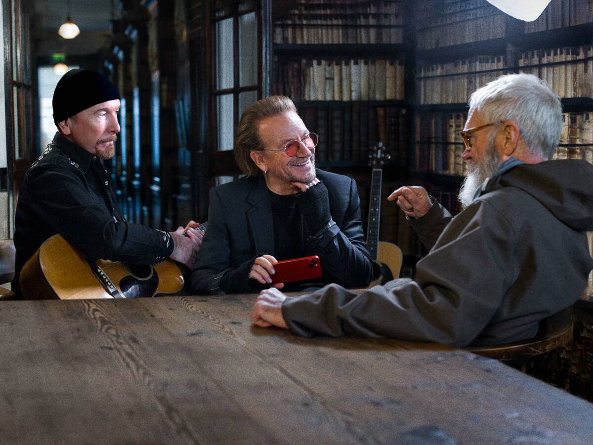 The Edge, Bono and Dave Letterman during an interview in Dublin. (Disney)