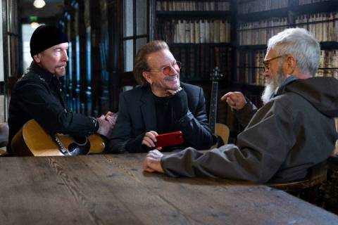The Edge, Bono and Dave Letterman during an interview in Dublin. (Disney)