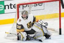 Vegas Golden Knights goaltender Jonathan Quick warms up before the start of an NHL hockey game ...