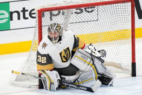 Vegas Golden Knights goaltender Jonathan Quick warms up before the start of an NHL hockey game ...