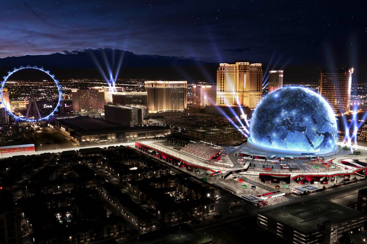 A rendering shows what the MSG Sphere Zone for the Formula One Las Vegas Grand Prix will look l ...