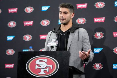 San Francisco 49ers quarterback Jimmy Garoppolo speaks at a news conference after an NFL footba ...