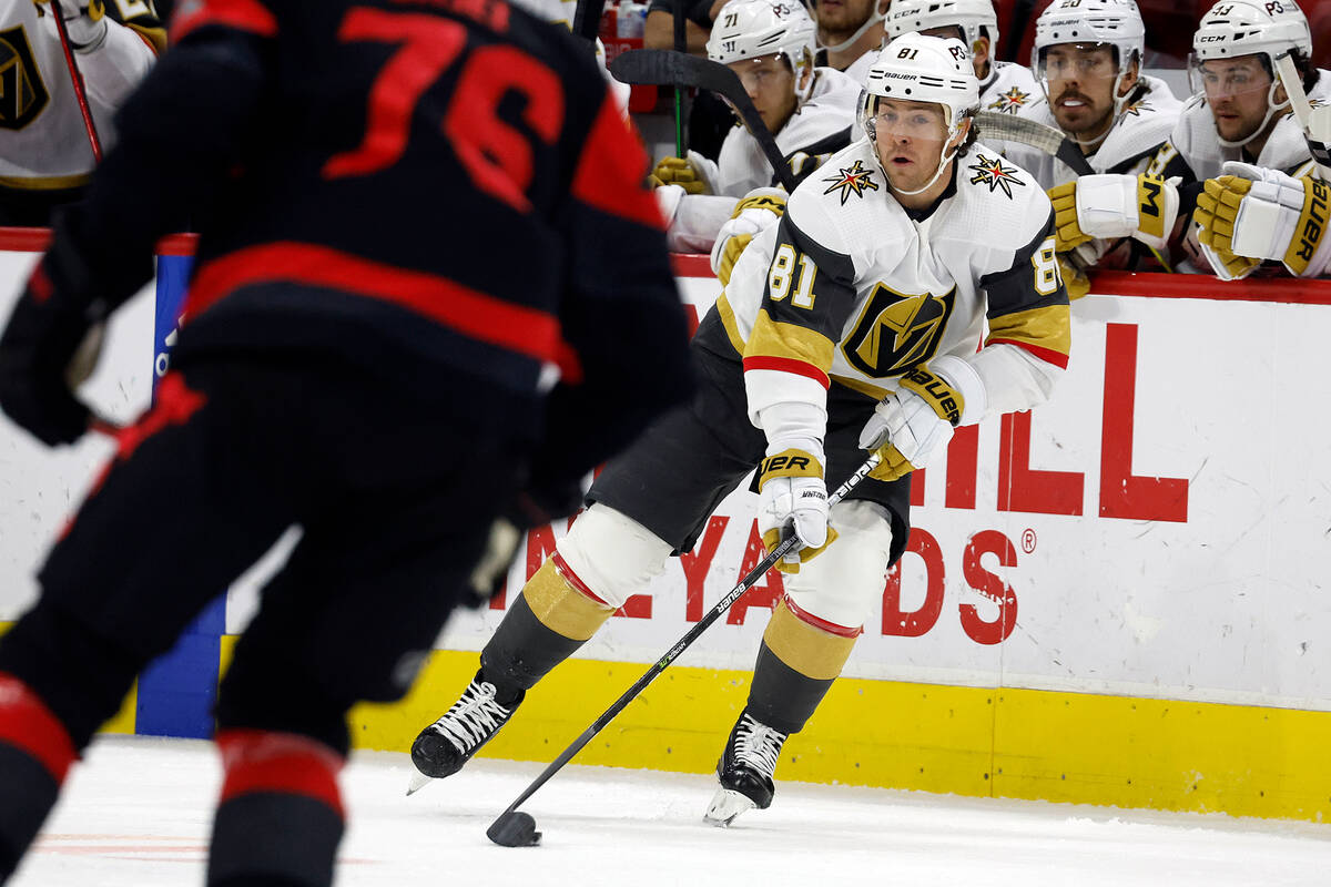 Vegas Golden Knights' Jonathan Marchessault (81) moves the puck against Carolina Hurricanes' Br ...