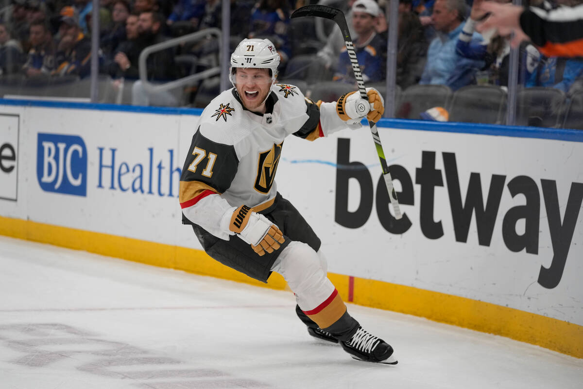 Vegas Golden Knights' William Karlsson celebrates after scoring during the first period of an N ...
