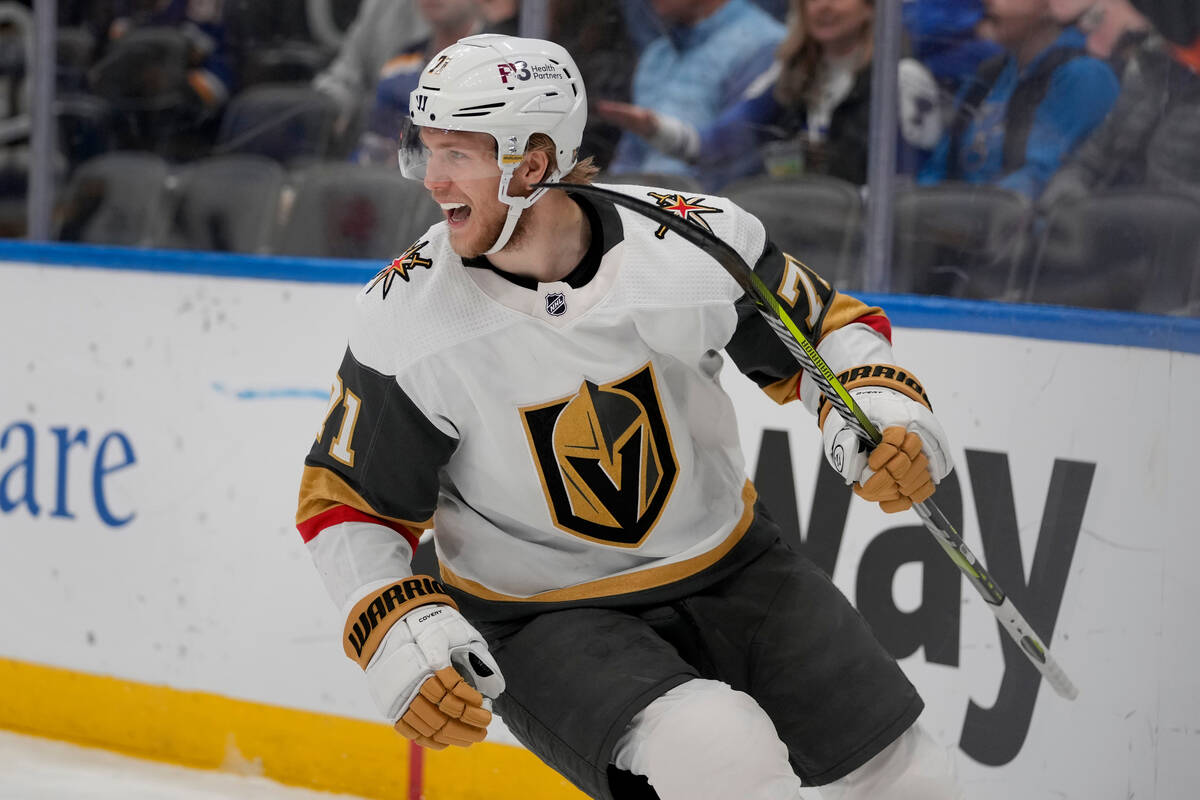 Vegas Golden Knights' William Karlsson celebrates after scoring during the first period of an N ...