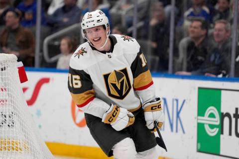 Vegas Golden Knights' Pavel Dorofeyev smiles after scoring during the third period of an NHL ho ...