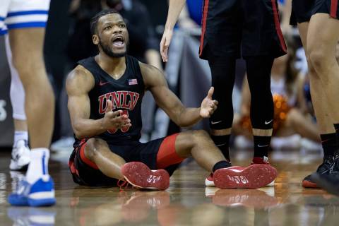 UNLV Rebels guard EJ Harkless (55) reacts to a referee’s call during the second half of ...