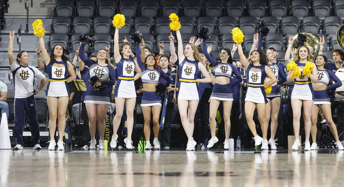 UC Irvine Anteaters cheerleaders perform during the first half of an NCAA college basketball ga ...